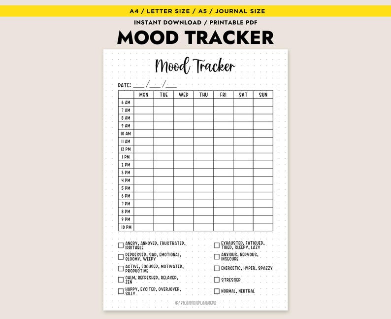 Weekly Mood Tracker Printable Hourly Mental Health Log Feelings Chart ...