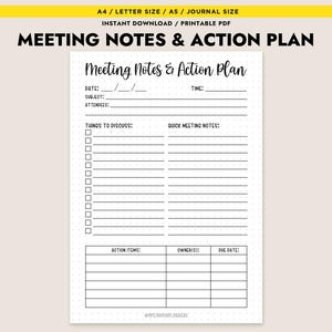 May include: A printable meeting notes and action plan template. The design includes sections for date, subject, attendees, things to discuss, quick meeting notes, action items, owners, and due dates. The text "Meeting Notes & Action Plan" is at the top.