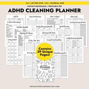 May include: A collection of printable ADHD cleaning planner pages. The pages include checklists, schedules, and prompts for decluttering, home maintenance, and cleaning routines. The planner is available in A4, A5, and journal sizes.