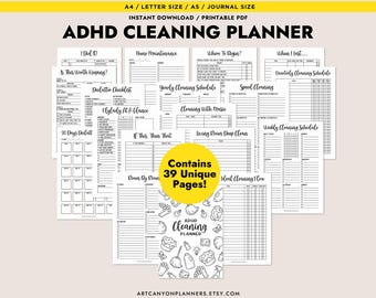 May include: A collection of printable ADHD cleaning planner pages. The pages include checklists, schedules, and prompts for decluttering, home maintenance, and cleaning routines. The planner is available in A4, A5, and journal sizes.