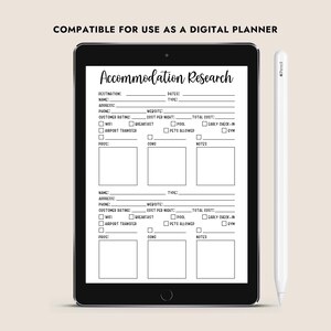 Printable Accommodation Research Sheet Hotel Comparison Template Travel ...