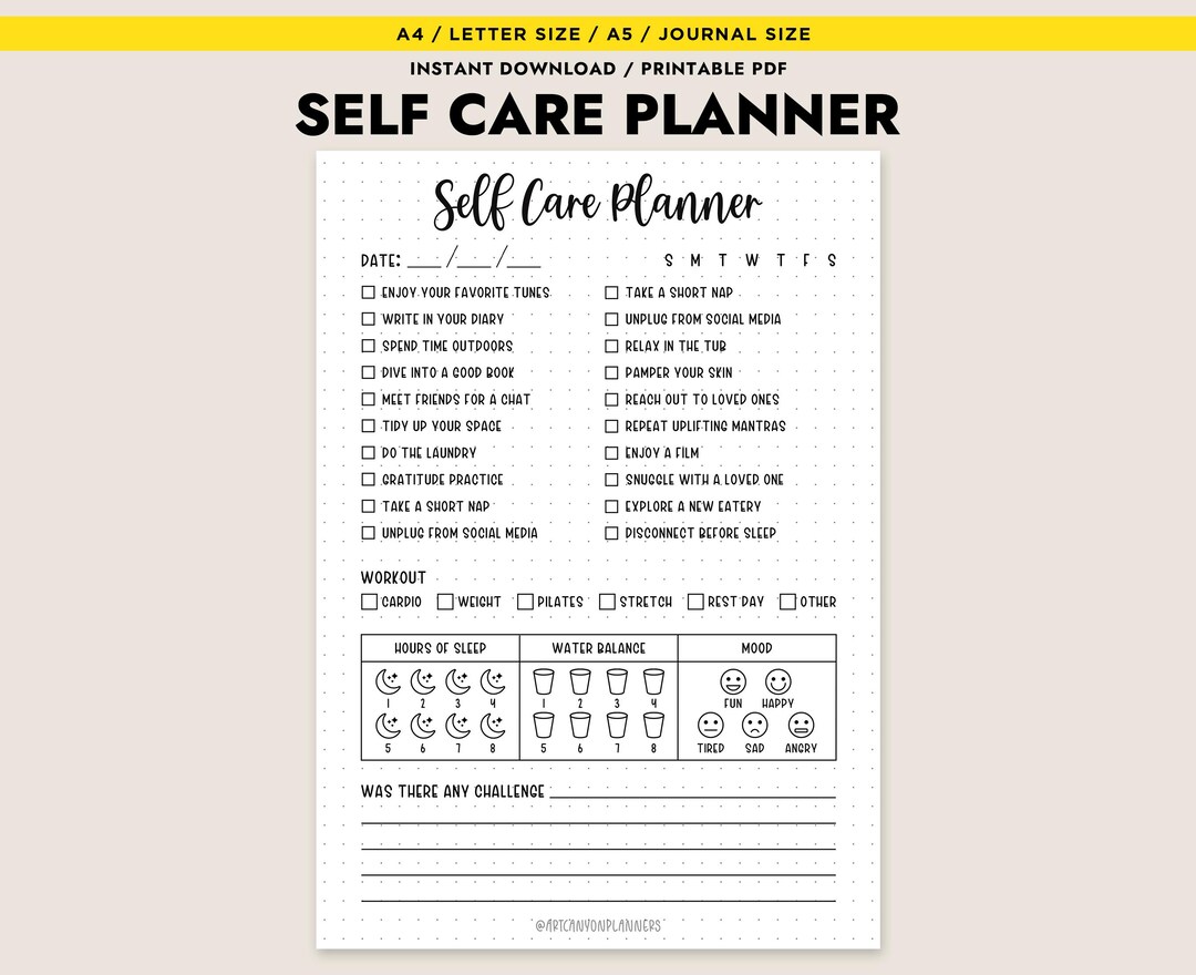 Printable Self Care Planner Daily Wellness Journal Page Tracker A4 ...