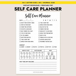 May include: A black and white printable self-care planner with a checklist of activities, a section to track sleep, water intake, and mood, and a space to note any challenges.