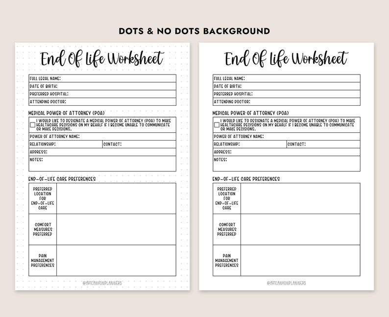 End of Life Planner Worksheet Printable Advance Directive Medical POA ...