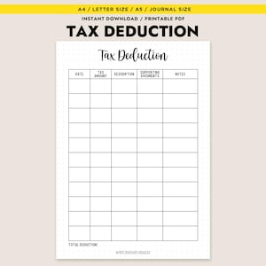 Tax Deduction Tracker Printable Small Business Expense Log Tax Planner Insert Bookkeeping PDF A4 A5
