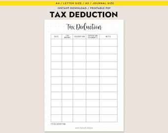 Tax Deduction Tracker Printable Small Business Expense Log Tax Planner Insert Bookkeeping PDF A4 A5