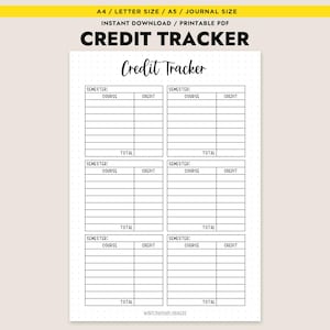 May include: A printable PDF credit tracker with the title "Credit Tracker" in a handwritten font. The document is divided into sections for semesters, courses, and credits, with space for totals. The document is designed for A4, Letter, A5, and journal sizes.