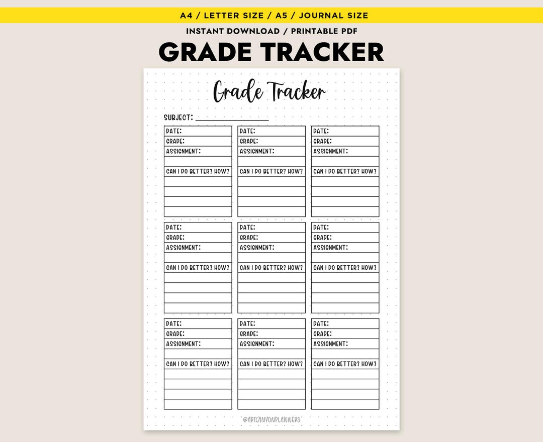 Grade Tracker Printable Instant Download Study Planner Student ...