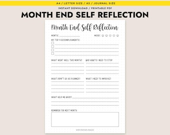 Month End Self Reflection Printable Monthly Review Journal Insert Wellness Planner A4 A5 PDF
