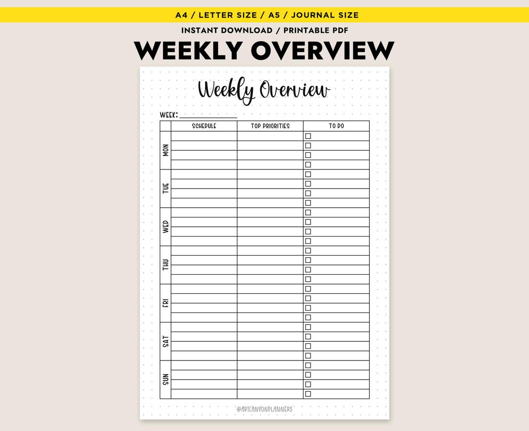 Weekly Overview Planner Printable A4 A5 Letter Size Journal Instant ...
