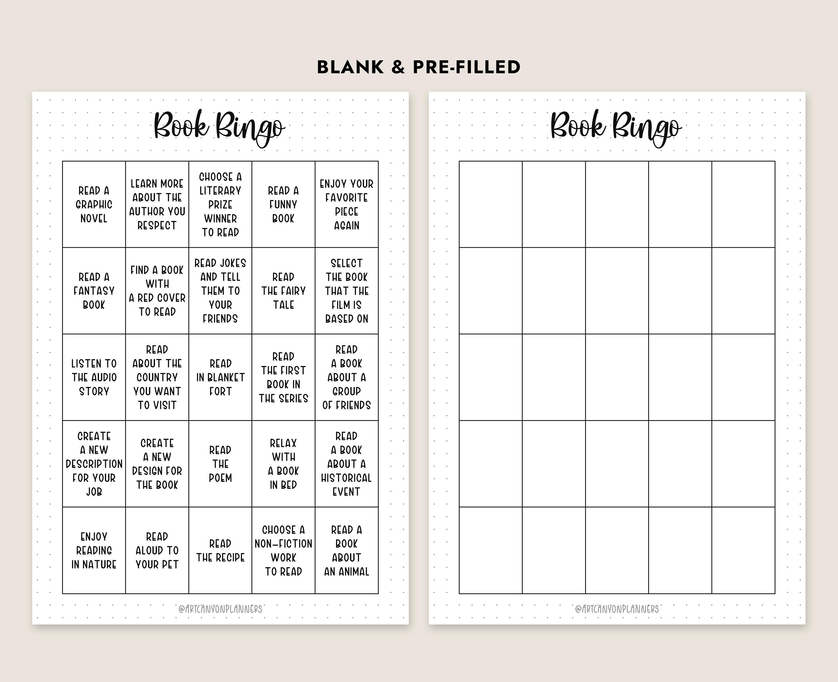 Book Bingo Printable Reading Challenge Journal Page Bookworm Planner ...