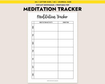 Könnte beinhalten: Ein druckbarer Meditationstracker mit weißem Hintergrund. Oben auf der Seite steht der Text „MEDITATION TRACKER“. Der Tracker hat eine Tabelle mit Spalten für „MEDITATION ACTIVITY“ und „DURATION“, mit den Wochentagen.
