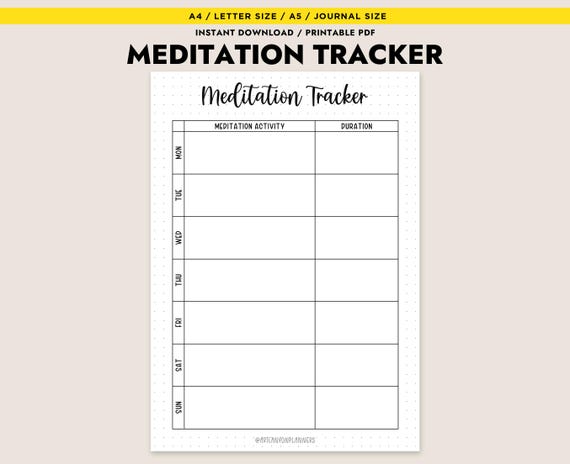 Meditation Tracker Printable Daily Mindfulness Journal Instant Download PDF A4 Letter A5 Journal Size