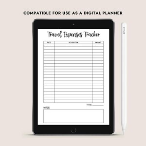 May include: A black and white digital planner template for tracking travel expenses. The template includes columns for date, description, and amount. There is also a section for notes and a total amount.