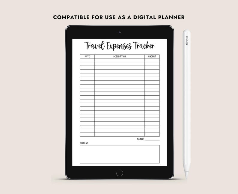 May include: A black and white digital planner template for tracking travel expenses. The template includes columns for date, description, and amount. There is also a section for notes and a total amount.