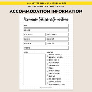 Hoja de información de alojamiento imprimible Planificador de viajes Insertar Organizador de reservas de hotel Descarga instantánea PDF A4 A5 Carta Diario