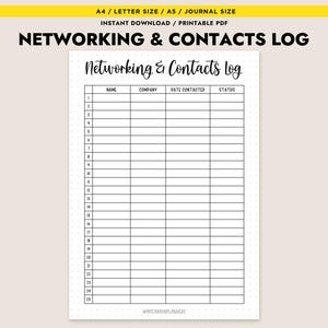 Pode incluir: Um registro de Networking & Contacts imprimível com fundo branco e texto preto. O registro inclui campos para nome, empresa, data de contato e status. O título "Networking & Contacts Log" é exibido em negrito.