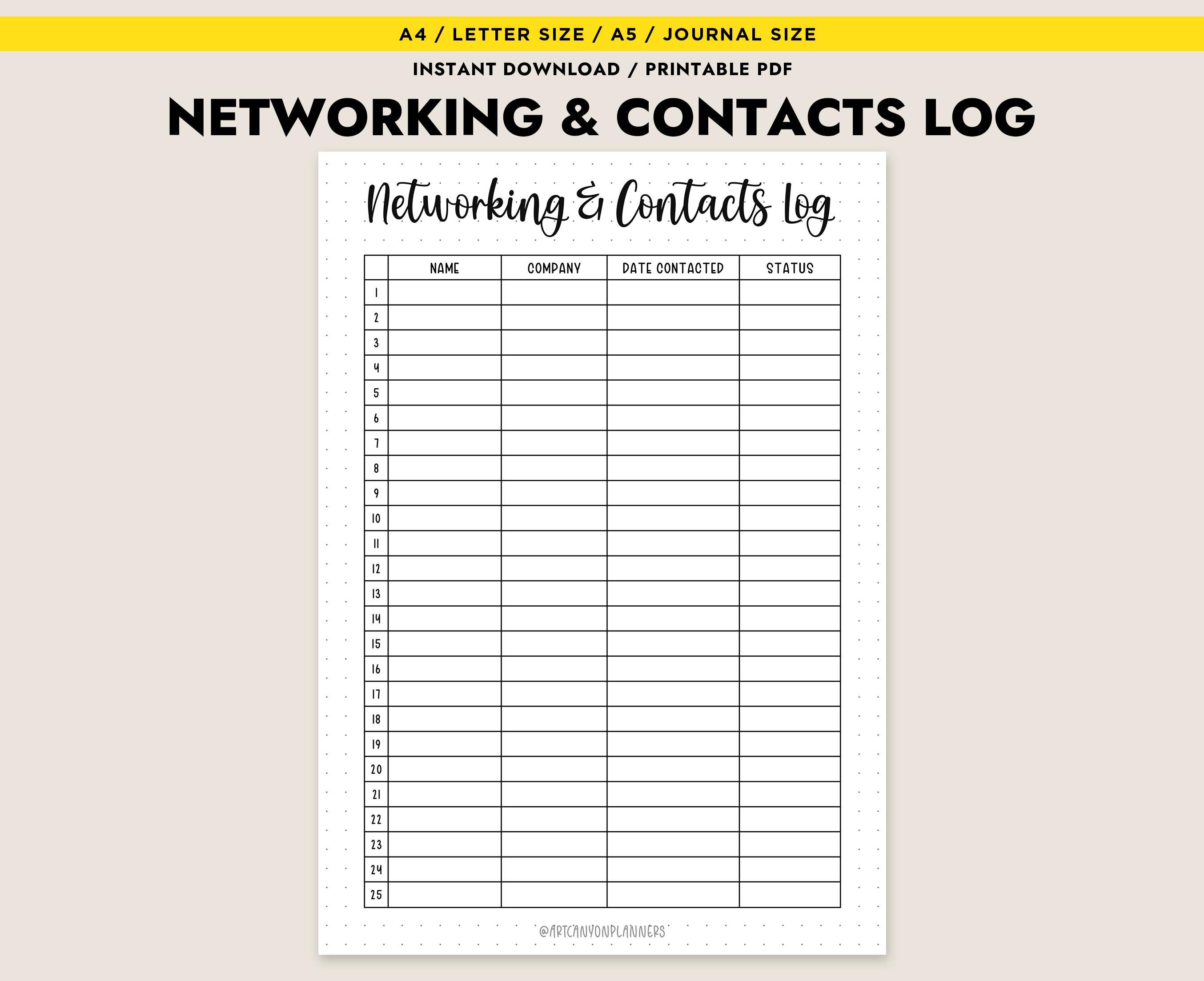 Printable Networking Contacts Log A4 A5 Letter Contact List Template Business Planner Instant Download