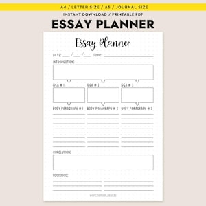 May include: A printable essay planner with a minimalist design. The black text on the white paper includes sections for the introduction, ideas, body paragraphs, conclusion, and resources. The planner is available in A4, Letter, A5, and journal sizes.