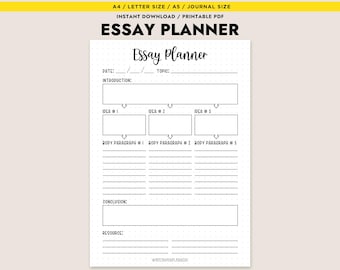 Peut inclure: Un planificateur de dissertation imprimable avec un design minimaliste. Le texte noir sur le papier blanc comprend des sections pour l'introduction, les idées, les paragraphes du corps, la conclusion et les ressources. Disponible en A4, Lettre, A5 et format journal.