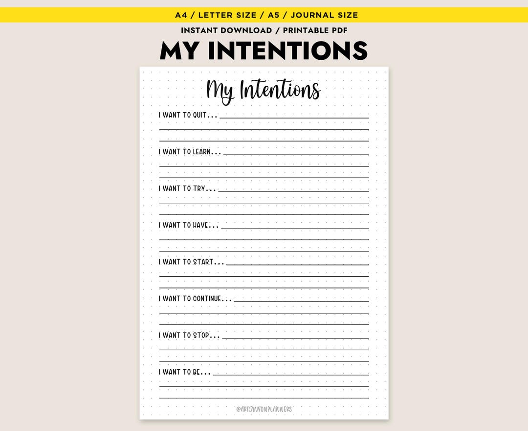 My Intentions Printable Goal Setting Journal Page Self Reflection ...