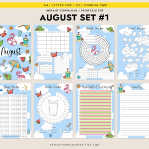 Op de afbeelding: Een afdrukbare augustus-plannerset met een zomerthema. De set bevat pagina's voor het bijhouden van gewoonten, stemming, slaap, waterinname en dagelijkse hoogtepunten. Elke pagina bevat illustraties van een flamingo, krab en andere zomerelementen.