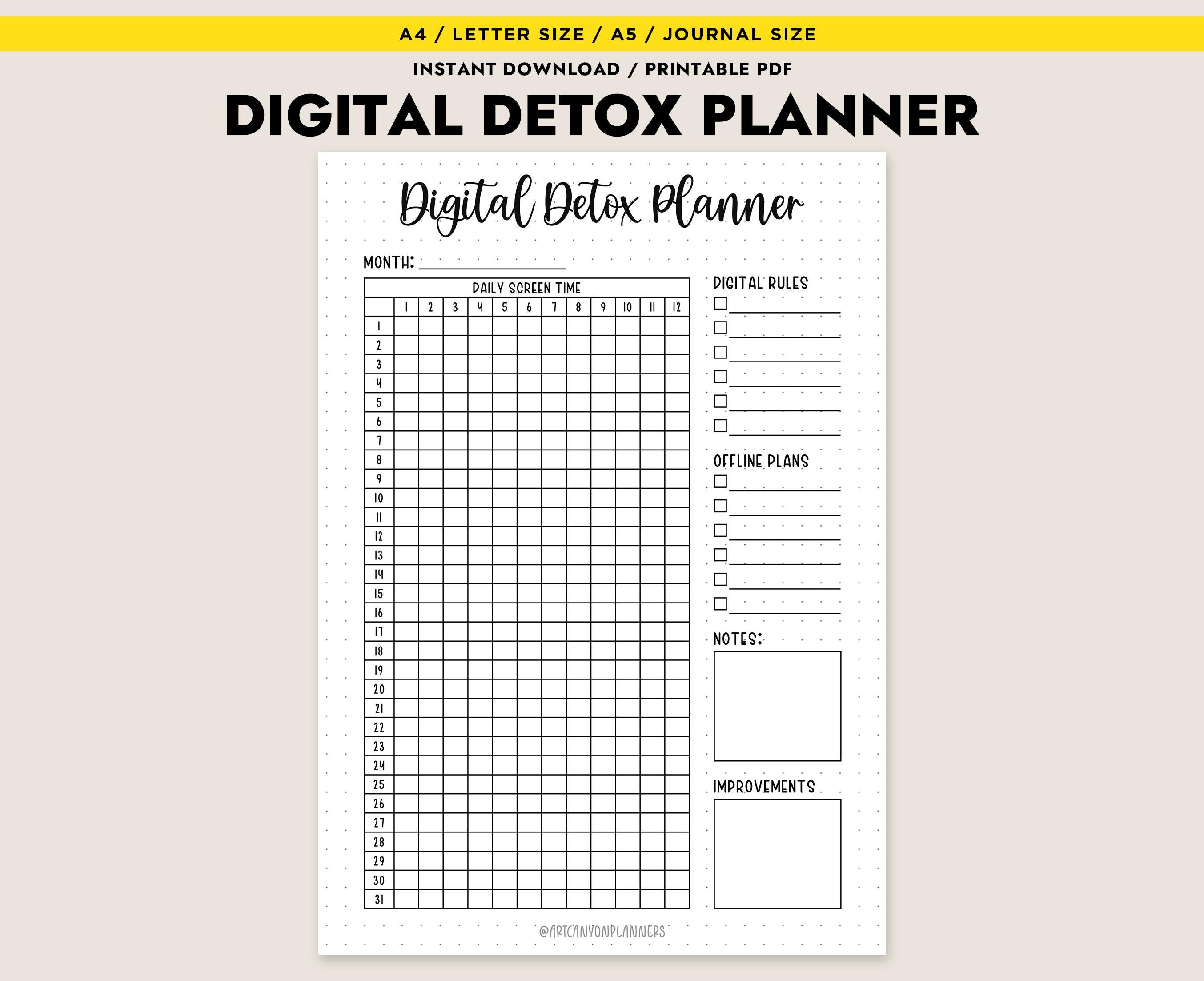 Digital Detox Planner Printable Screen Time Tracker Monthly Log A4 A5 ...