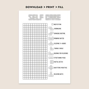 May include: Printable self-care checklist with a grid to track daily habits. The checklist includes items like meditation, journaling, skincare routine, drinking water, sleeping 7+ hours, taking a walk, reading for pleasure, stretching/yoga, digital detox, gratitude practice, and relaxing bath.