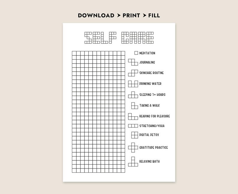 May include: Printable self-care checklist with a grid to track daily habits. The checklist includes items like meditation, journaling, skincare routine, drinking water, sleeping 7+ hours, taking a walk, reading for pleasure, stretching/yoga, digital detox, gratitude practice, and relaxing bath.