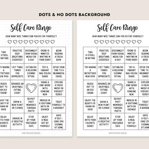 Peut inclure: Carte de bingo imprimable en noir et blanc avec le titre "Self Care Bingo" et une liste d'activit&eacute;s d'auto-soins. La carte de bingo a un fond &agrave; pois.