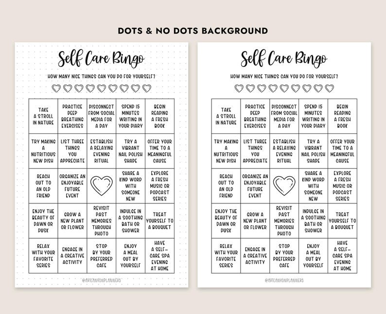 Peut inclure: Carte de bingo imprimable en noir et blanc avec le titre "Self Care Bingo" et une liste d'activit&eacute;s d'auto-soins. La carte de bingo a un fond &agrave; pois.