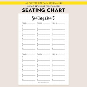 以下が含まれることがあります： 手書きフォントで「Seating Chart」というタイトルの印刷可能な座席表。表はテーブル番号とゲスト名用のセクションに分かれており、点線で区切られています。上部のバナーには「A4 / LETTER SIZE / A5 / JOURNAL SIZE」と「INSTANT DOWNLOAD / PRINTABLE PDF」と書かれています。