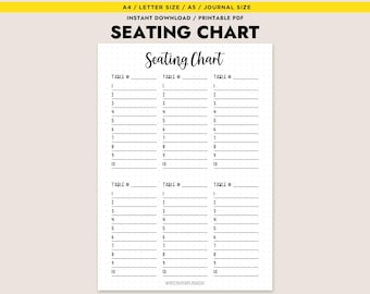 May include: A printable seating chart with the title "Seating Chart" in a handwritten font. The chart is divided into sections for table numbers and guest names, with dotted grid lines. The top banner reads "A4 / LETTER SIZE / A5 / JOURNAL SIZE" and "INSTANT DOWNLOAD / PRINTABLE PDF".