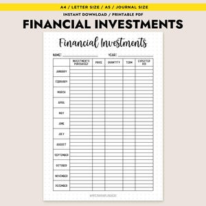 Rastreador de inversiones financieras (PDF imprimible), registro de inversiones (A4, carta, A5), diario, planificador de ROI de cartera