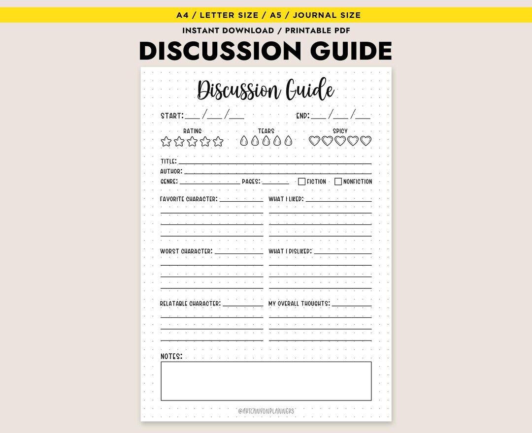 Book Club Discussion Guide Printable Reading Journal Page Tracker A4 A5 ...