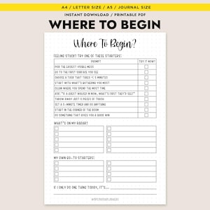 May include: A printable PDF journal page titled "Where To Begin?" with prompts to help organize thoughts. The page includes sections for tasks, a radar list, and personal starters. The design is minimalist with black text on a cream background.