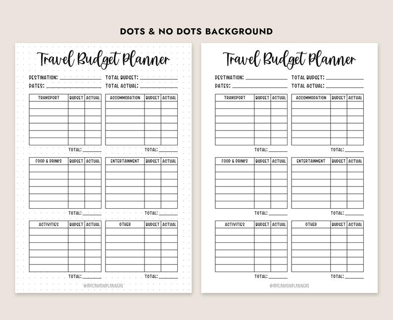 Op de afbeelding: Een printbare reisbudgetplanner met twee pagina's. De linkerpagina heeft een gestippelde achtergrond en de rechterpagina heeft een effen witte achtergrond. Beide pagina's hebben dezelfde lay-out met secties voor vervoer, accommodatie, eten en drinken, entertainment, activiteiten en andere uitgaven. Elke sectie heeft kolommen voor budget en werkelijke uitgaven.