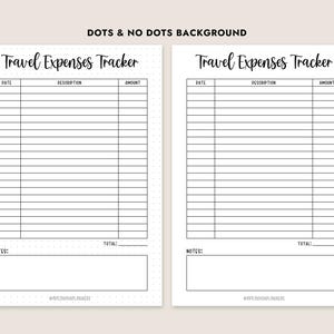 May include: Two printable pages for tracking travel expenses. The left page has a dotted background and the right page has a solid white background. Both pages have the title "Travel Expenses Tracker" and include columns for date, description, and amount. Each page also has a section for notes and a total.