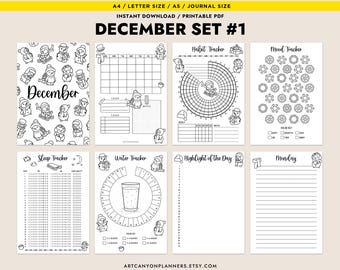May include: Black and white printable PDF planner pages with a winter theme. The pages include a monthly calendar, habit tracker, mood tracker, sleep tracker, water tracker, and a page for daily highlights. The word "December" is featured.