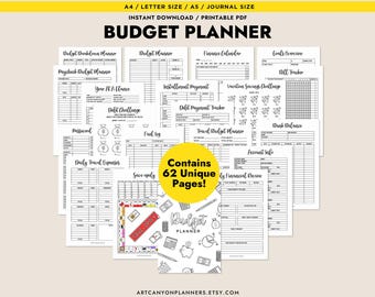 May include: A black and white printable budget planner with 62 pages. The planner includes sections for tracking income, expenses, savings, debt, and more. The cover features a variety of budget-related illustrations, including piggy banks, coins, and a calculator.
