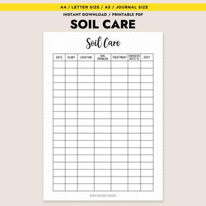Könnte beinhalten: Eine druckbare PDF-Journalseite mit dem Titel "SOIL CARE". Die Seite verfügt über ein Rasterlayout zur Aufzeichnung von Bodendaten, wie Datum, Pflanze, Standort, Bodenproblem, Behandlung, Erfolgsrate und Kosten. Das Design ist schlicht, mit schwarzem Text auf weißem Hintergrund.