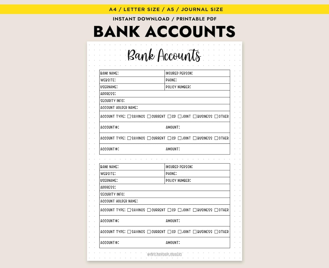 Bank Account Tracker Printable Financial Planner Insert Bank ...