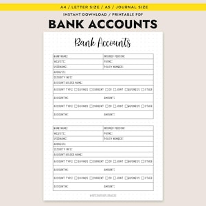 Bank Account Tracker Printable Financial Planner Insert Bank Information Log A4 A5 Letter PDF