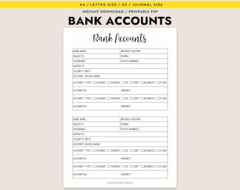 Bank Account Tracker Printable Financial Planner Insert Bank Information Log A4 A5 Letter PDF