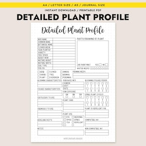 Gedetailleerd plantprofiel Afdrukbare tuinplanner Plantenverzorgingsdagboek Kamerplantlogboek A4 A5 brief pdf
