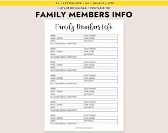 Family Members Info Printable Planner Insert Contact List PDF A4 A5 Letter Instant Download