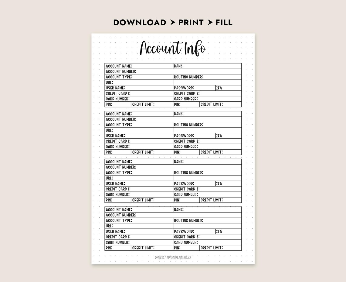 Printable Account Info Tracker Password Log Financial Organizer Insert ...
