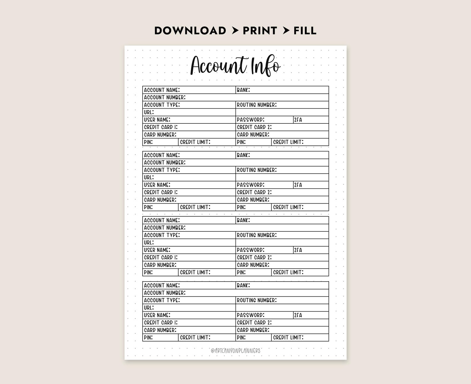 Printable Account Info Tracker Password Log Financial Organizer Insert ...