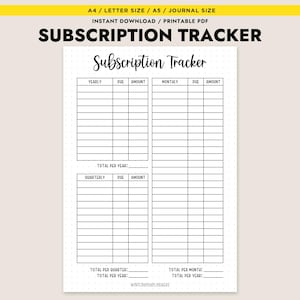 Druckbare Abonnement-Tracker A4 Letter A5 Wiederkehrende Bill Log Budget-Planer Einsatz PDF