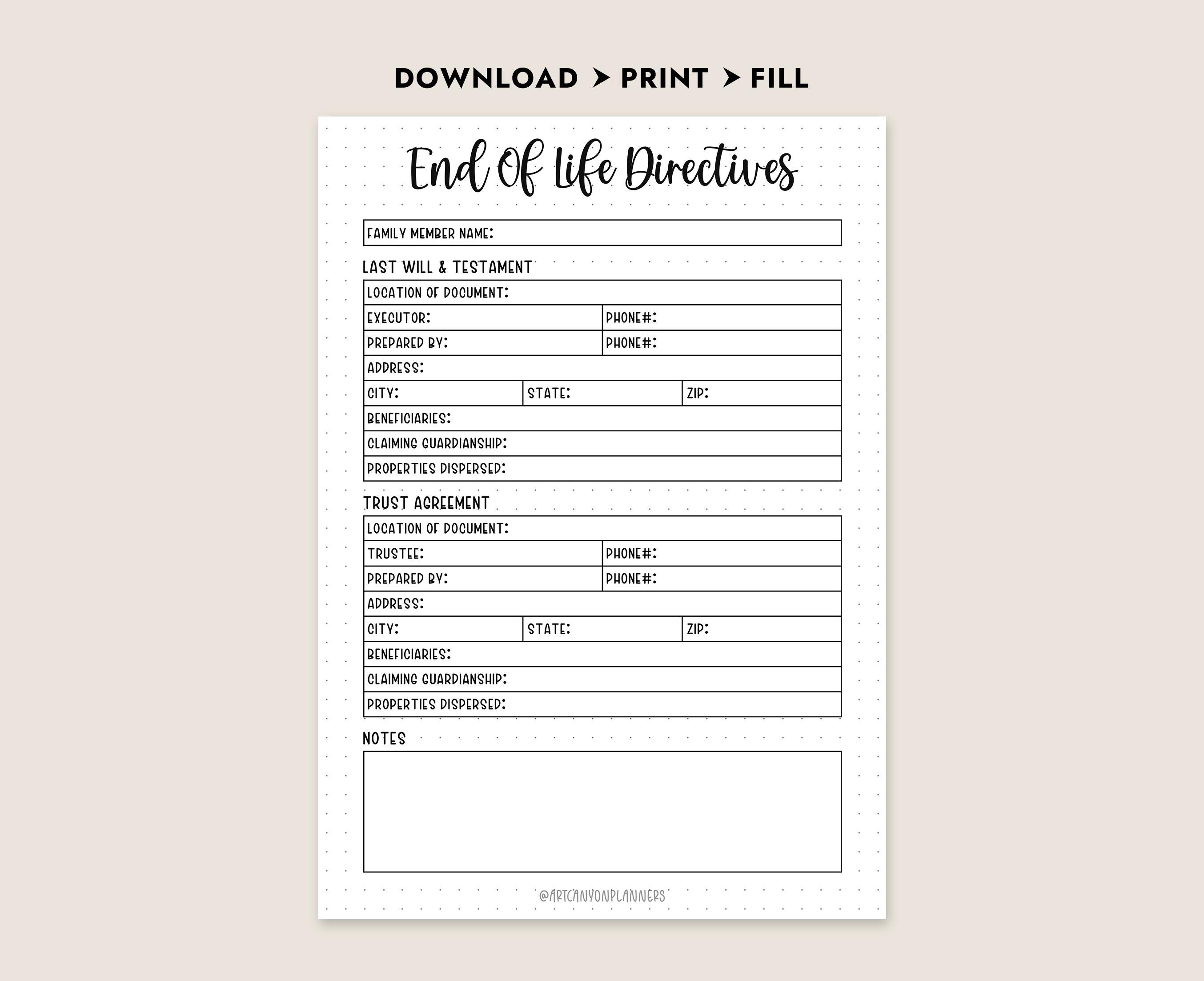 End of Life Planner Printable PDF Final Wishes Organizer Last Will and ...